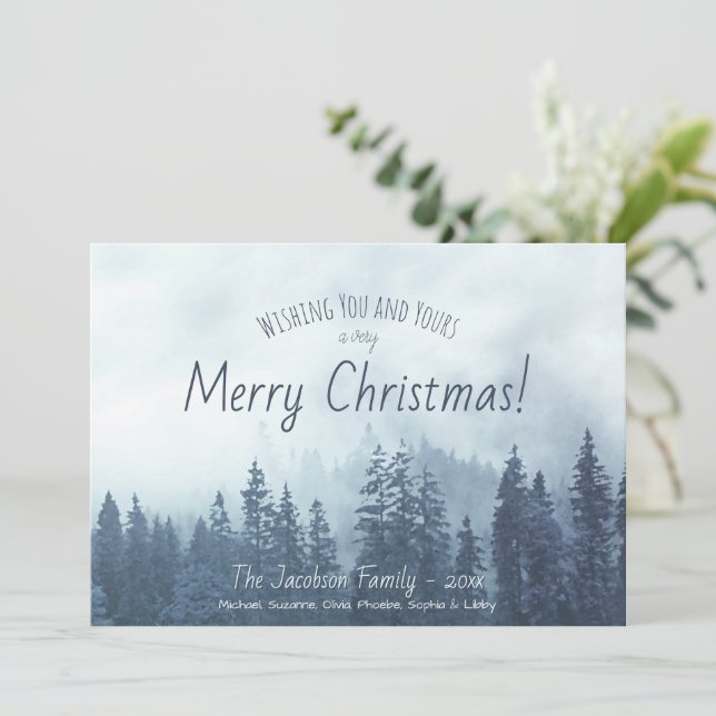 Foggy Blue Pines Rustic Watercolor Merry Christmas Holiday Card (Standing Front)