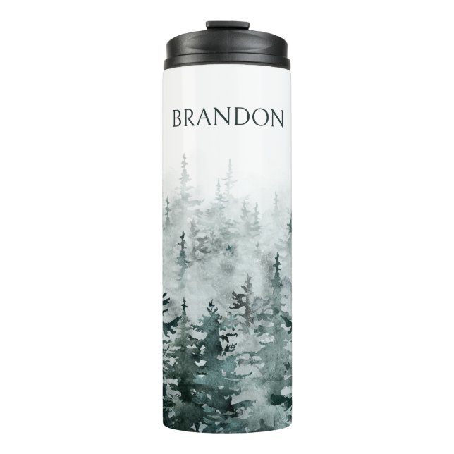 Foggy Forest pine trees personalised name Thermal Tumbler (Front)