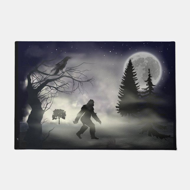 Foggy Forest - Raven and Bigfoot Sasquatch Doormat (Front)