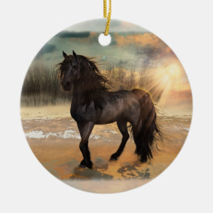 Foggy Friesian Morning Horse customisable Ceramic Tree Decoration