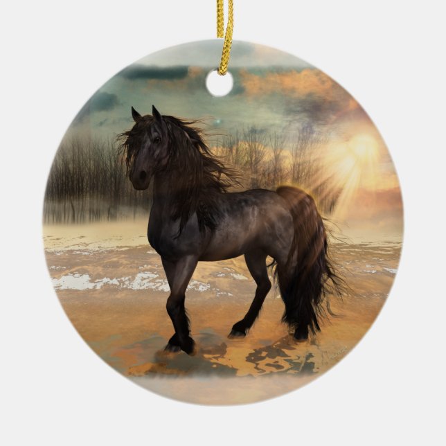 Foggy Friesian Morning Horse customisable Ceramic Tree Decoration (Front)