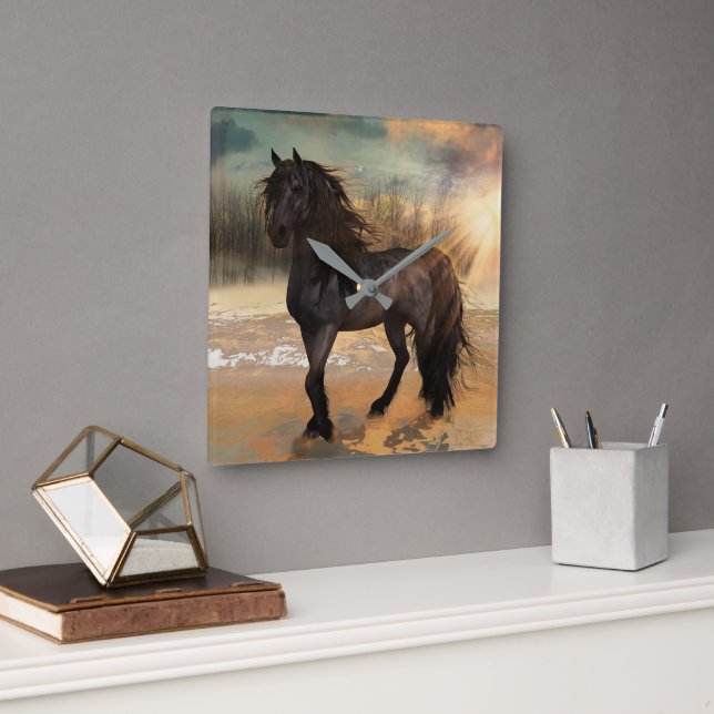 Foggy Friesian Morning - Horse Square Wall Clock (Office)