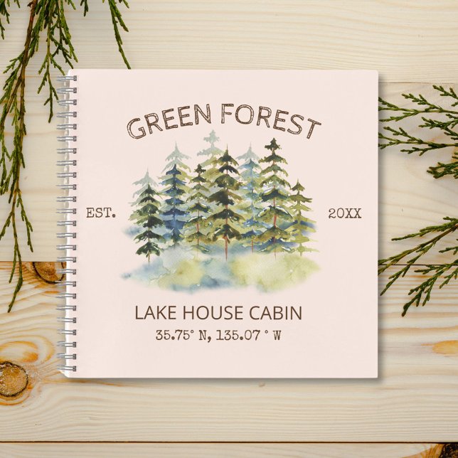 Foggy Green Forest Watercolor Cabin Guestbook Notebook (In situ)