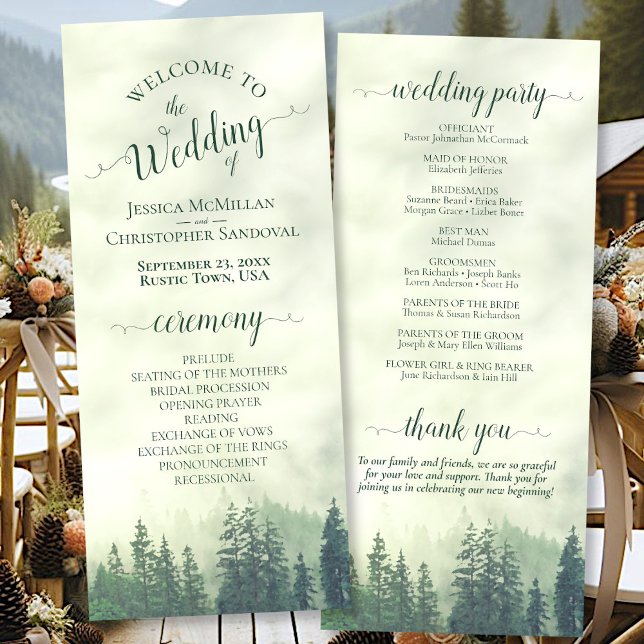 Foggy Green Mountain Pine Forest Rustic Wedding Programme (Front/Back)