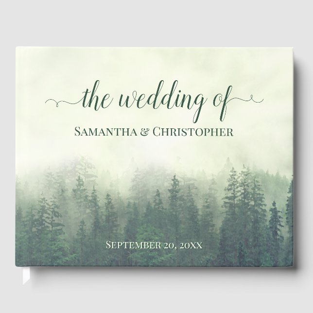 Foggy Green Mountains & Pines Rustic Wedding Guest Book (Front)