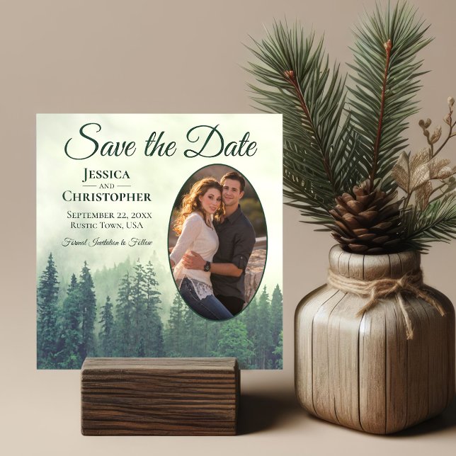 Foggy Green Mountains Rustic Oval Photo Wedding Save The Date (Creator Uploaded)