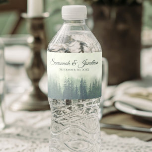 Foggy Green Pine Forest Rustic Wedding Water Bottle Label