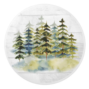 Foggy Green Pine Forest Watercolor White Wood Ceramic Knob