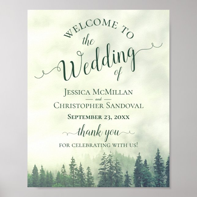 Foggy Green Pine Forest Wedding Welcome Sign (Front)
