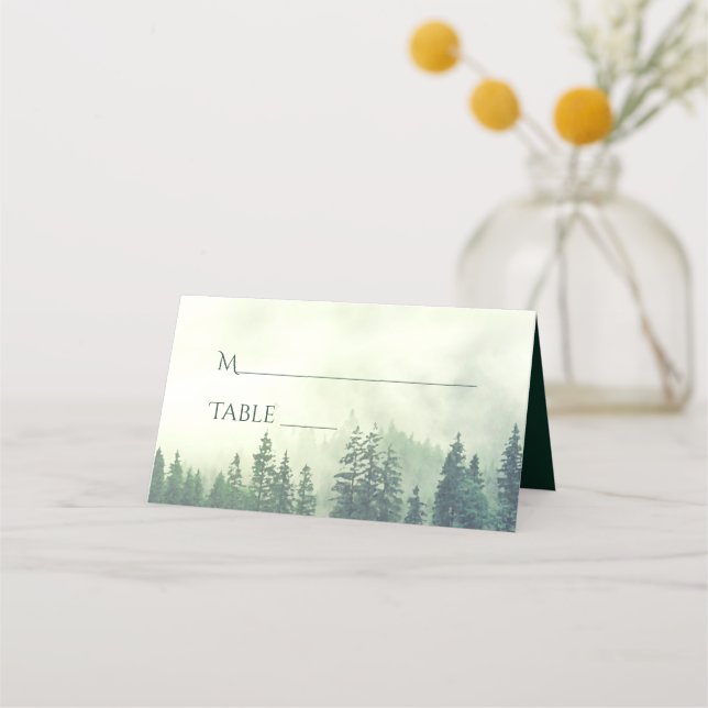 Foggy Green Pine Trees Rustic Wedding Write-In Place Card (Front)