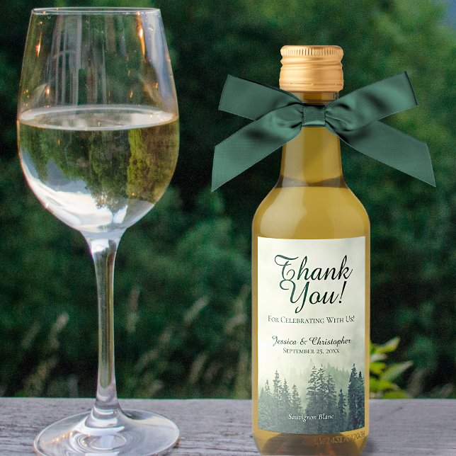 Foggy Green Pine Trees Wedding Thank You Mini Wine Label (Creator Uploaded)