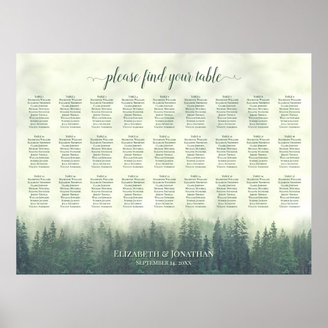 Foggy Green Pines 27 Table Wedding Seating Chart (Front)