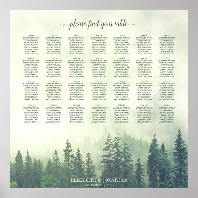 Foggy Green Pines 28 Table Wedding Seating Chart (Front)