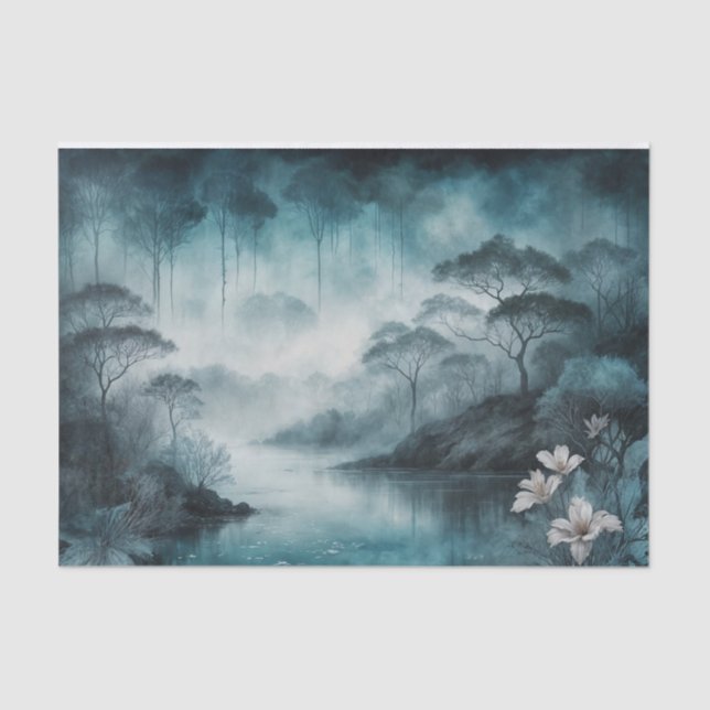 Foggy Lake Cove – Moody Blue and Grey Landscape Tissue Paper (Front)