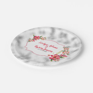 Foggy Light Grey Glass And Pink Flowers Paper Plate