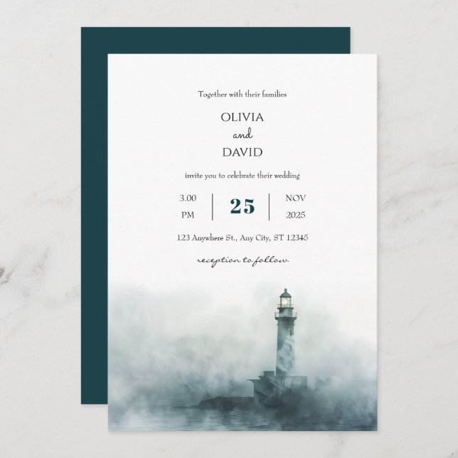 Foggy Lighthouse Morning Watercolor Beach Wedding  Invitation (Front/Back)