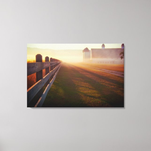 Foggy Morning Farm | Fence at Sunrise Canvas Print (Front)