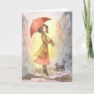 Foggy Morning - Girl and Cat Greeting Card