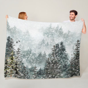Foggy Mountain Snowy Winter Woodland Forest Ravens Fleece Blanket