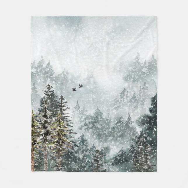 Foggy Mountain Snowy Winter Woodland Forest Ravens Fleece Blanket (Front)