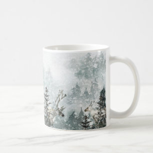 Foggy Mountain Snowy Woodland Forest Stag Deer Mug