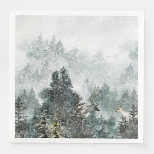 Foggy Mountain Snowy Woodland Forest Stag Deer Napkin