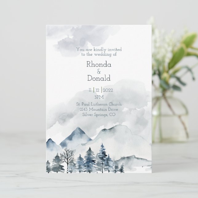 Foggy Mountain Watercolor Wedding Invitation (Standing Front)