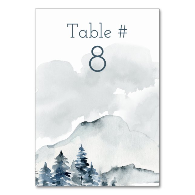 Foggy Mountain Watercolor Wedding Table Number (Front)