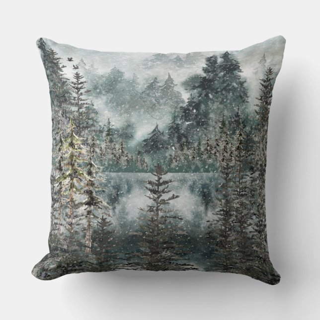 Foggy Mountain Woodland Forest Frozen Winter Lake Cushion (Front)