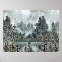 Foggy Mountain Woodland Frozen Lake
