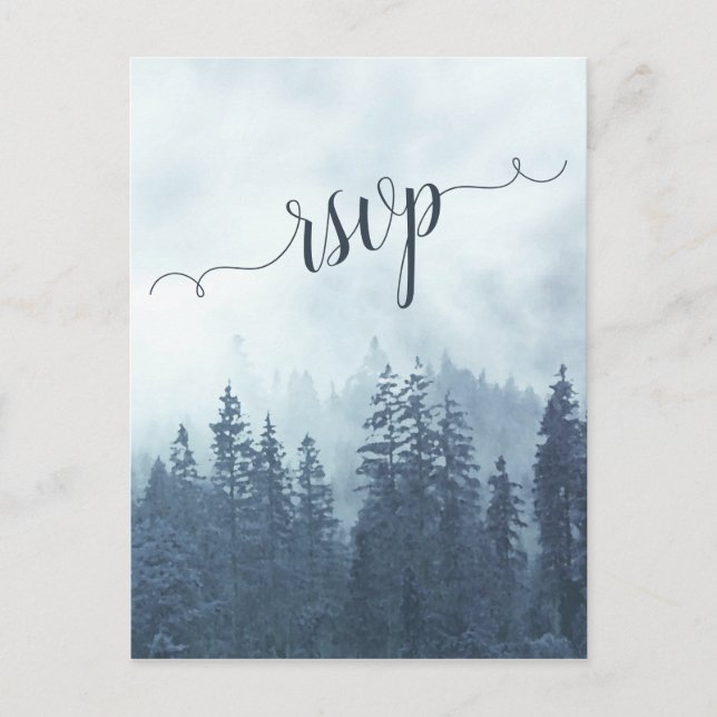 Foggy Mountains Blue Pine Forest Wedding RSVP Postcard (Front)