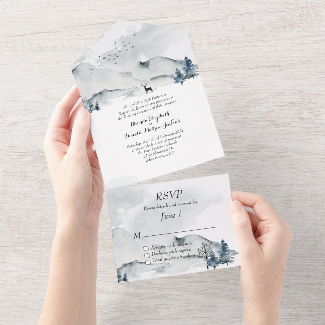 Foggy Mountains Watercolor Wedding All In One Invitation (Tearaway)