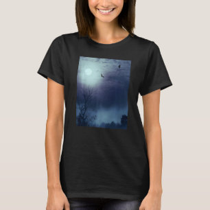 Foggy Nature Landscape Fullmoon And Bats   T-Shirt