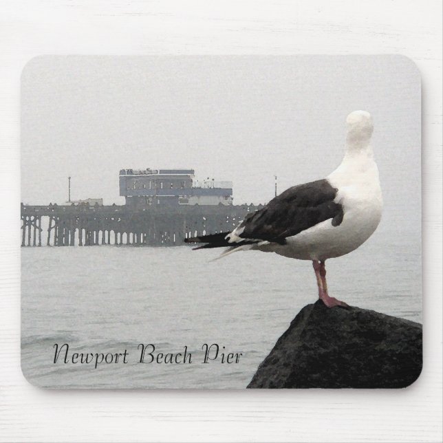 Foggy Newport Pier & Seagull Watercolor Mousepad (Front)