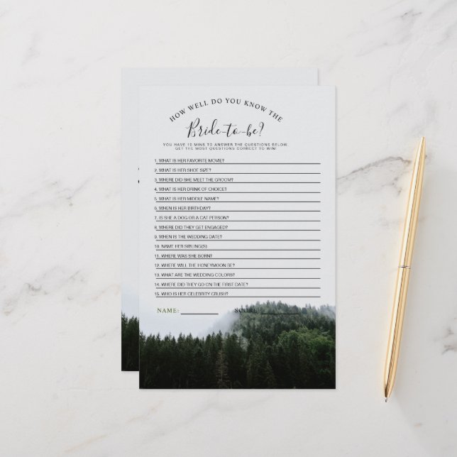 Foggy Pine Trees Rain Forest Bridal Shower Game (Front/Back In Situ)