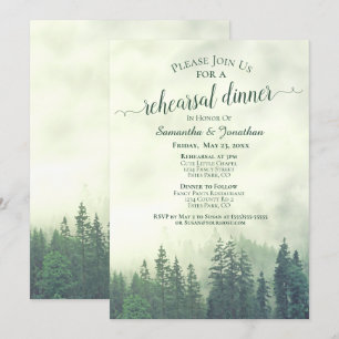 Foggy Pine Woods Green Wedding Rehearsal & Dinner Invitation