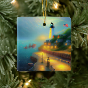 Foggy seaport and lighhouse ceramic ornament