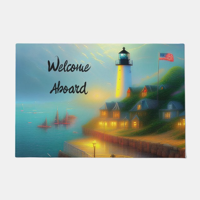 Foggy seaport and lighhouse  doormat (Front)
