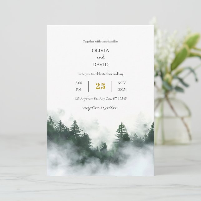 Foggy Seaside Green Woodland Forest Beach Wedding  Invitation (Standing Front)