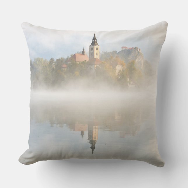 Foggy sunrise at Lake Bled Cushion (Front)