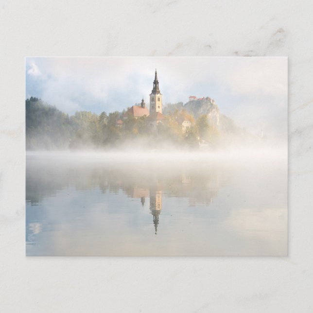 Foggy sunrise at Lake Bled Postcard (Front)