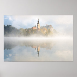 Foggy sunrise at Lake Bled Poster