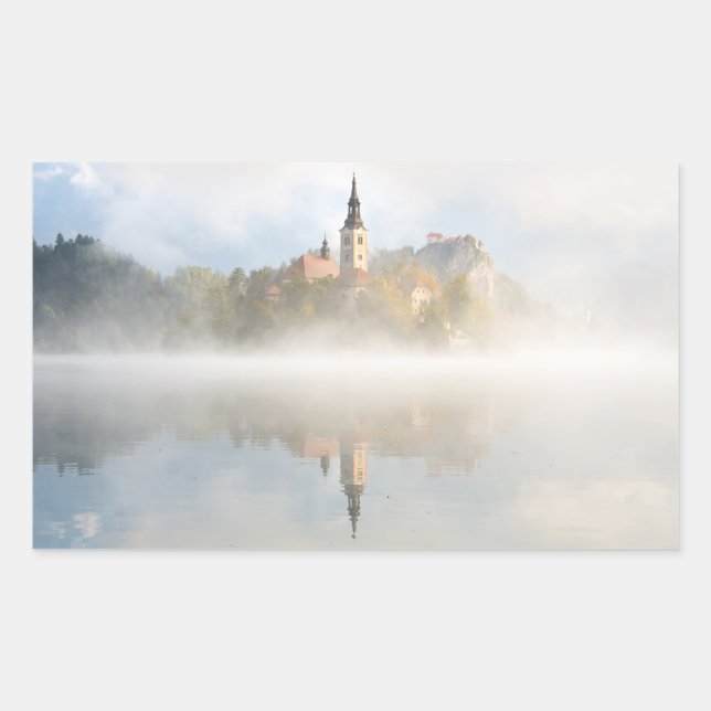 Foggy sunrise at Lake Bled Rectangular Sticker (Front)