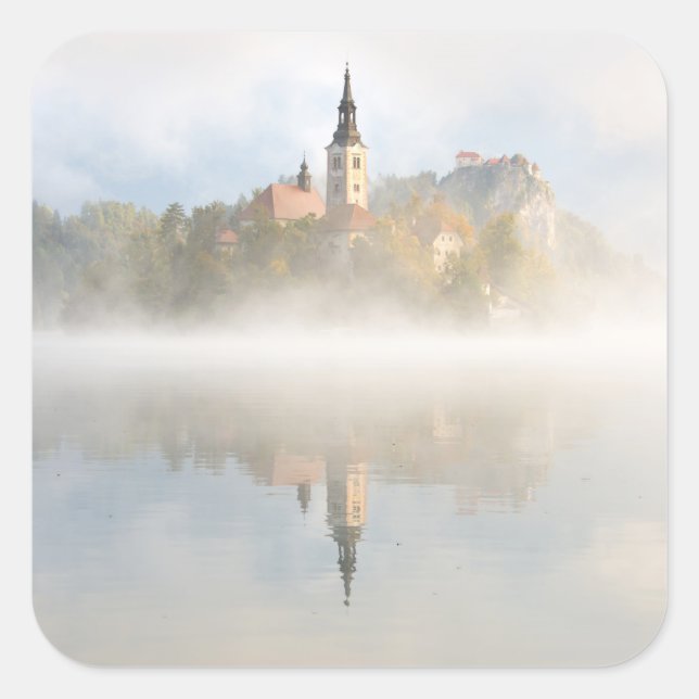 Foggy sunrise at Lake Bled Square Sticker (Front)