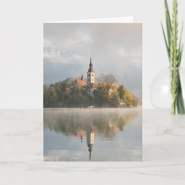 Foggy sunrise Lake Bled greeting card (Front)