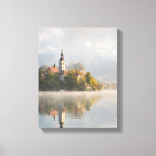 Foggy sunrise Lake Bled vertical canvas