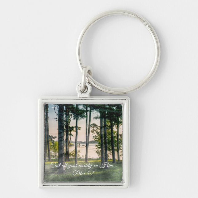 Foggy Trees At Table Rock Bible Verse Key Ring (Front)