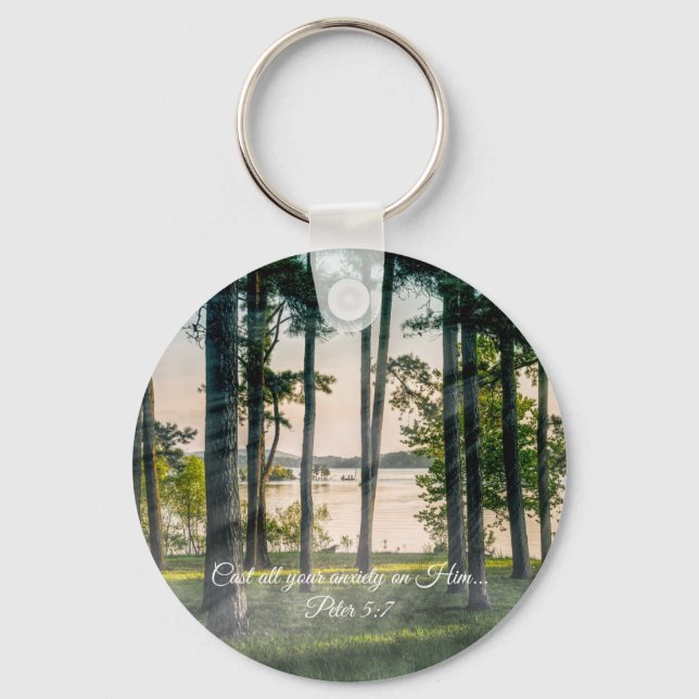 Foggy Trees At Table Rock Bible Verse Key Ring (Front)