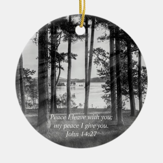 Foggy Trees At Table Rock Grayscale Bible Verse Ceramic Tree Decoration (Front)