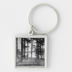 Foggy Trees At Table Rock Grayscale Bible Verse Key Ring